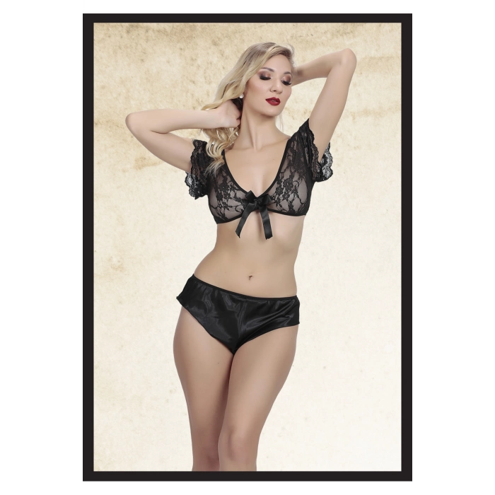 Özel Tasarım Transparan İç Gösteren Dantelli Seksi Şık Rahat Zarif Fantezi Şort Üst Takım