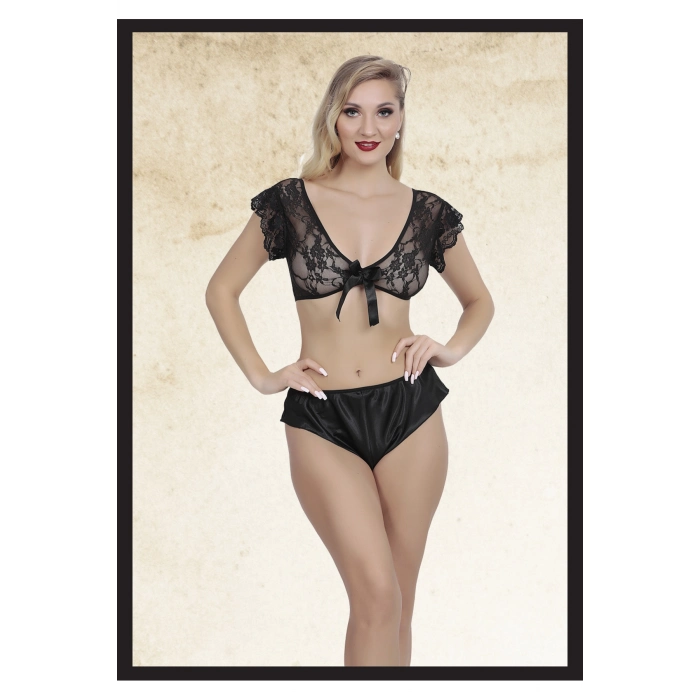 Özel Tasarım Transparan İç Gösteren Dantelli Seksi Şık Rahat Zarif Fantezi Şort Üst Takım