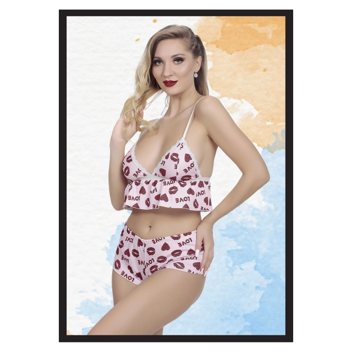 Özel Tasarım Fantezi Love Dudak Desenli Seksi Kadın Fantezi Alt Üst Takım