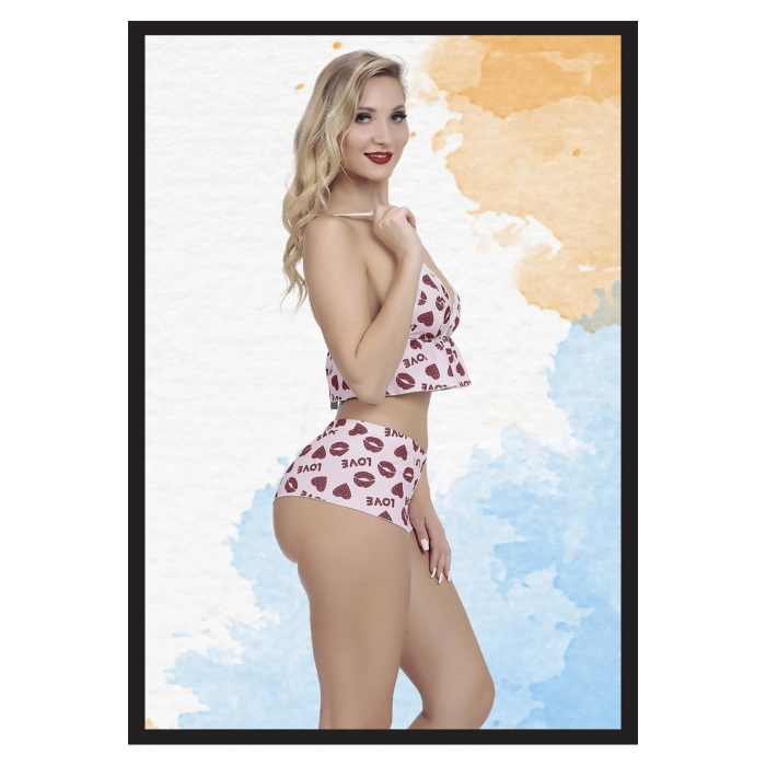 Özel Tasarım Fantezi Love Dudak Desenli Seksi Kadın Fantezi Alt Üst Takım