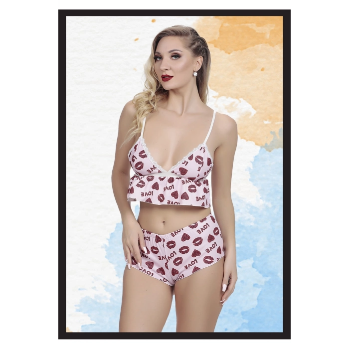 Özel Tasarım Fantezi Love Dudak Desenli Seksi Kadın Fantezi Alt Üst Takım