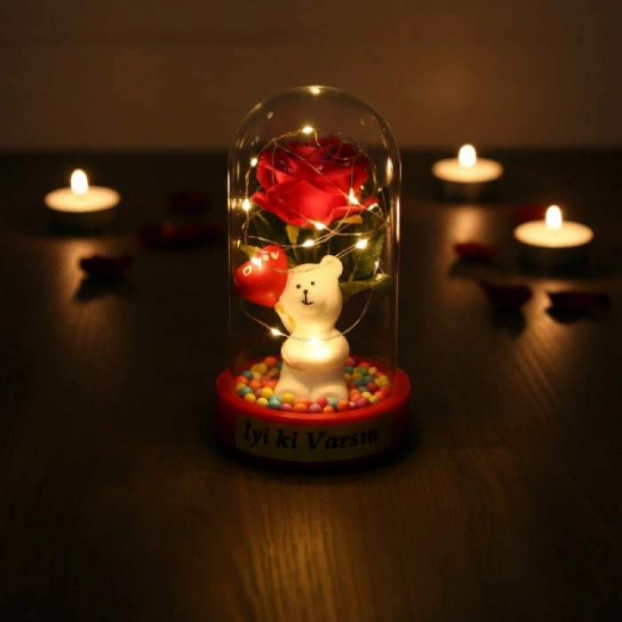 #Fanus Sevimli Ayıcık Figürlü Romantik Hediyelik Dekoratif Gün Işığı Balonlu Ayıcık Ledli Gül Fanus