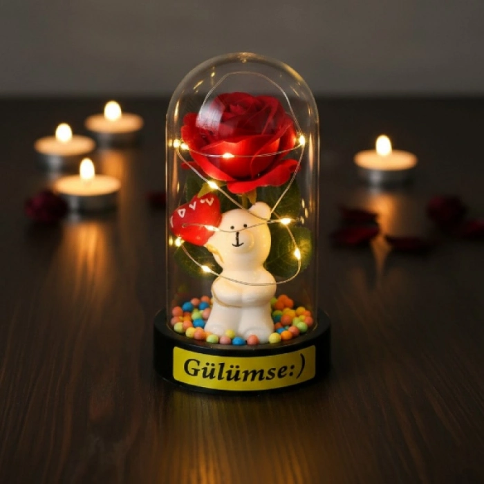 #Fanus Sevimli Ayıcık Figürlü Romantik Hediyelik Dekoratif Gün Işığı Balonlu Ayıcık Ledli Gül Fanus