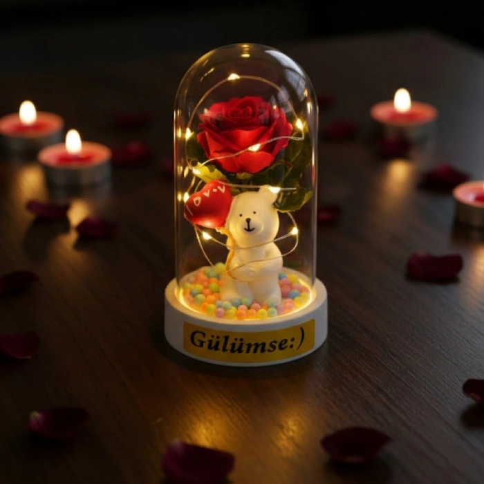 #Fanus Sevimli Ayıcık Figürlü Romantik Hediyelik Dekoratif Gün Işığı Balonlu Ayıcık Ledli Gül Fanus