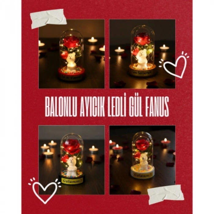 #Fanus Sevimli Ayıcık Figürlü Romantik Hediyelik Dekoratif Gün Işığı Balonlu Ayıcık Ledli Gül Fanus