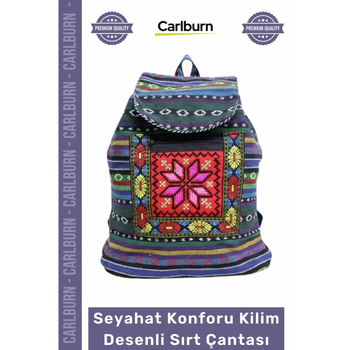 #Çanta Etnik Tasarım Geniş Hacim Yumuşak Dokulu Dayanıklı Seyahat Konforu Kilim Desenli Sırt Çantası