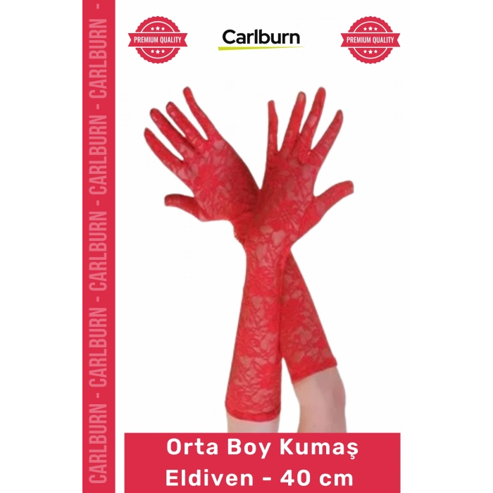 #Eldiven Şık Zarif 40 cm Yetişkin Kostüm Sahne Fotoğraf Çekimi Kırmızı Renk Orta Boy Kumaş Eldiven