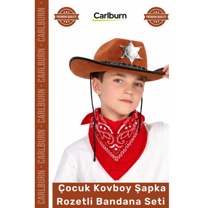#Kostüm Western Parti Doğum Günü Kostüm Çocuk Kovboy Şapka Rozetli Kahverengi Kırmızı Bandana Seti