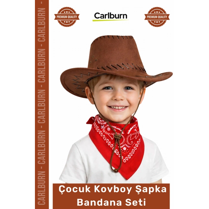 #KostümSeti Western Parti Kostüm Uyumlu Konfor Çocuk Kovboy Şapka Kahverengi Kırmızı Bandana Seti