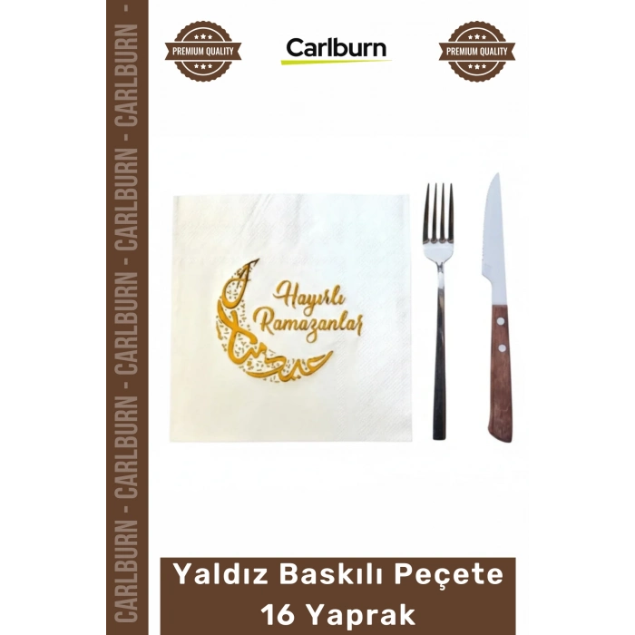 Sofralar Ay Kandil Desenli Altın Yaldız Şık Estetik Ramazan Temalı Yaldız Baskılı Peçete 16 Yaprak