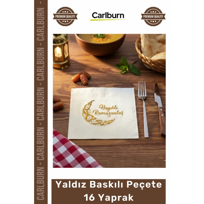 Sofralar Ay Kandil Desenli Altın Yaldız Şık Estetik Ramazan Temalı Yaldız Baskılı Peçete 16 Yaprak