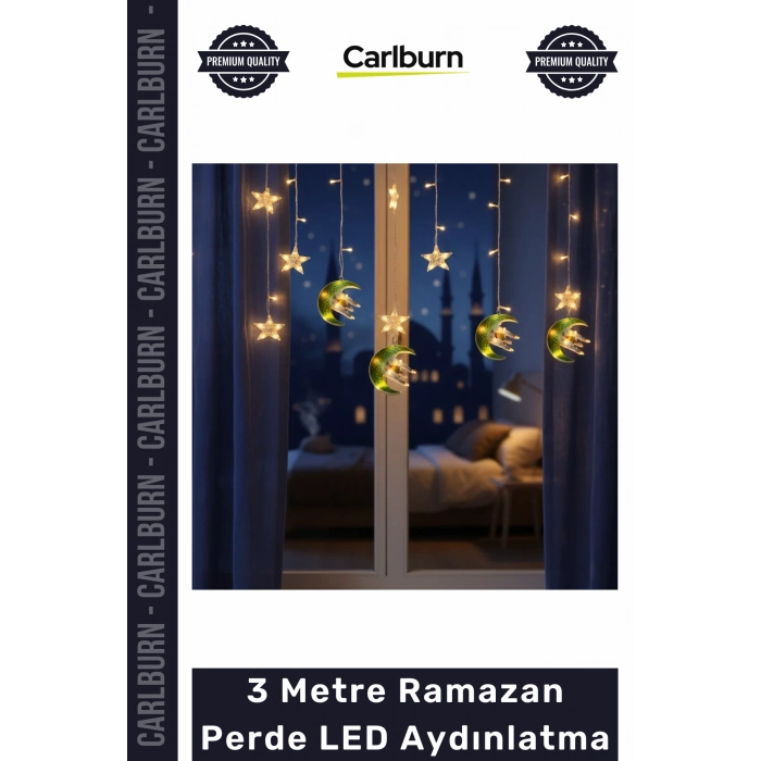 Fişli Yeşil Hilal Cami Yıldız Dekoratif Pencere Duvar Süsleme 3 mt Ramazan Ayı Perde Led Aydınlatma