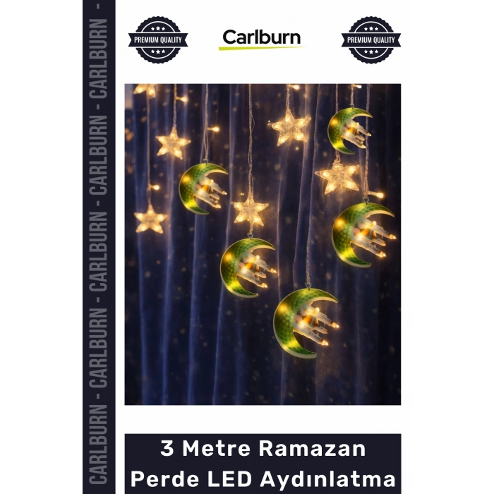 Fişli Yeşil Hilal Cami Yıldız Dekoratif Pencere Duvar Süsleme 3 mt Ramazan Ayı Perde Led Aydınlatma