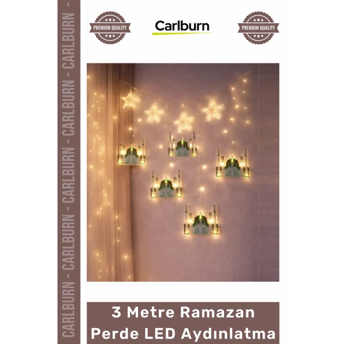 Fişli Yeşil Hilal Cami Yıldız Dekoratif Pencere Duvar Süsleme 3 mt Ramazan Ayı Perde Led Aydınlatma