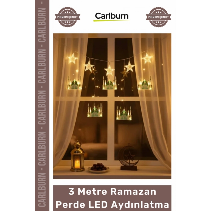 Fişli Yeşil Hilal Cami Yıldız Dekoratif Pencere Duvar Süsleme 3 mt Ramazan Ayı Perde Led Aydınlatma