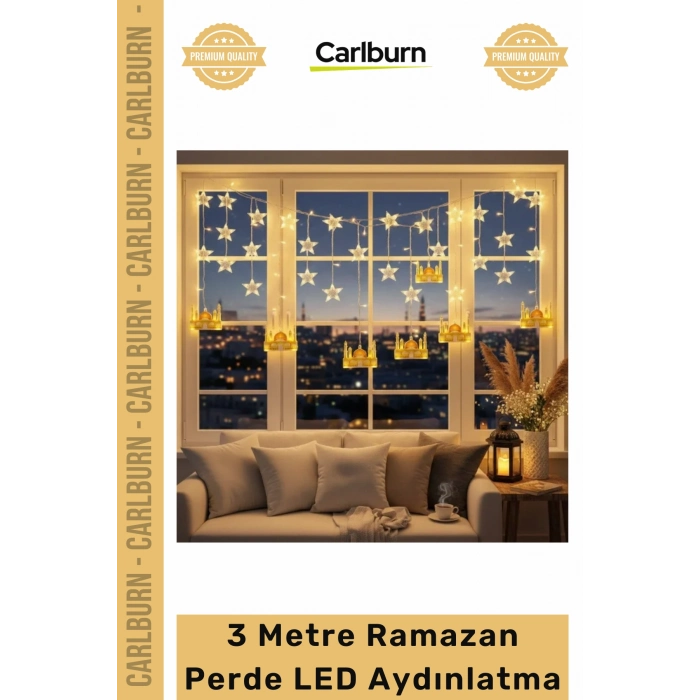 Fişli Sarı Hilal Cami Yıldız Dekoratif Pencere Duvar Süsleme 3 mt Ramazan Ayı Perde Led Aydınlatma
