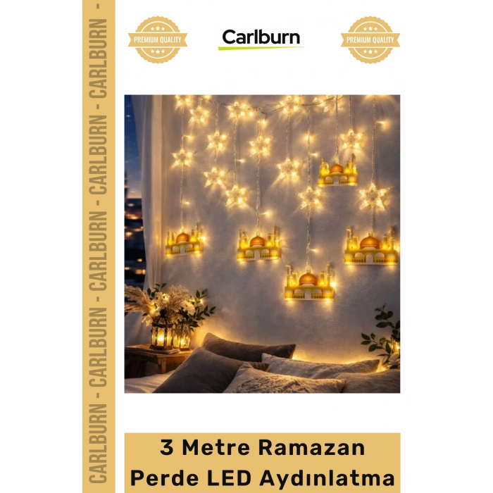 Fişli Sarı Hilal Cami Yıldız Dekoratif Pencere Duvar Süsleme 3 mt Ramazan Ayı Perde Led Aydınlatma