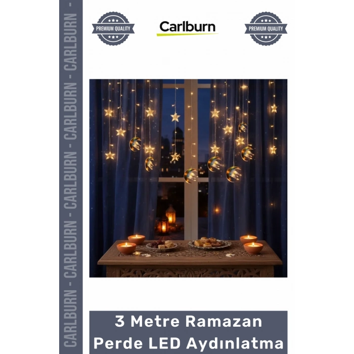 Fişli Sarı Hilal Cami Yıldız Dekoratif Pencere Duvar Süsleme 3 mt Ramazan Ayı Perde Led Aydınlatma