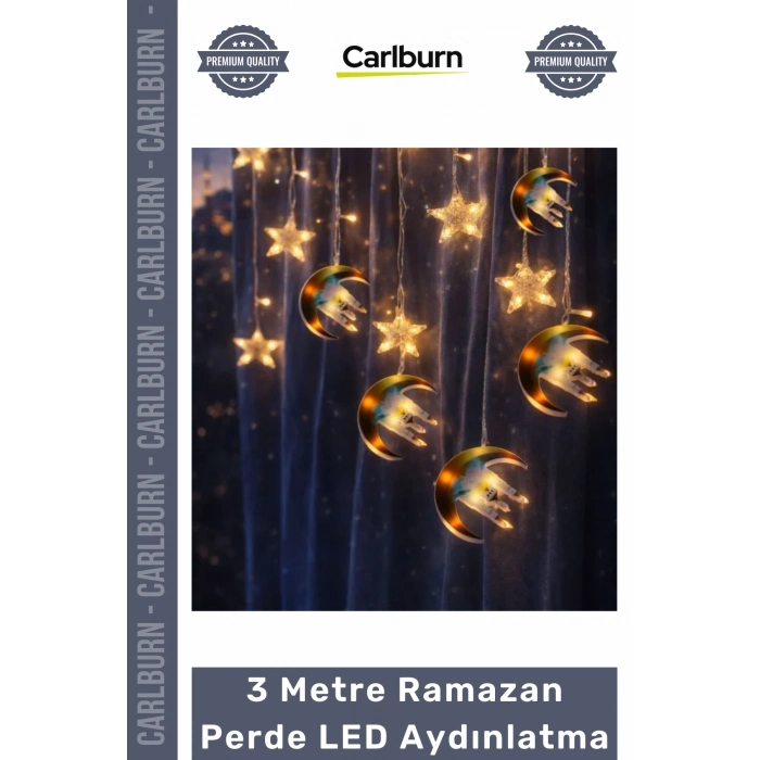 Fişli Sarı Hilal Cami Yıldız Dekoratif Pencere Duvar Süsleme 3 mt Ramazan Ayı Perde Led Aydınlatma