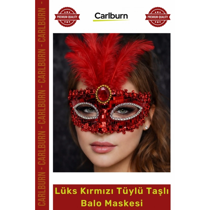 #Maske Gösterişli Payetli Taşlı Maskeli Balo Parti Eğlence Lüks Kırmızı Tüylü Taşlı Balo Maskesi