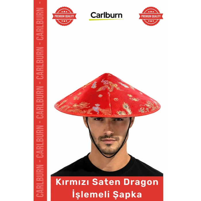 #Şapka Parlak Saten Otantik Sahne Kostüm Parti Eğlence Kırmızı Saten Dragon İşlemeli Lastikli Şapka