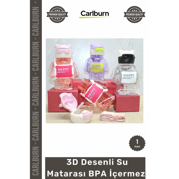 Özel Üretim Çocuk Okul Sızdırmaz Pipetli Askılı Sağlık Sevimli 3D Desenli Su Matarası BPA İçermez