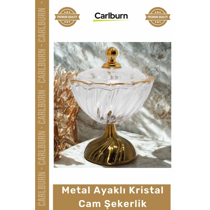 Özel Üretim Lüks Dekoratif Şık Lokumluk Metal Ayaklı Kristal Cam Şekerlik Gold Detaylı Sunumluk