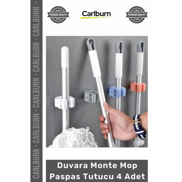 Özel Üretim Yapışkanlı Askı Aparat Organizatör Plastik Pratik Duvara Monte Mop Paspas Tutucu 4 Adet