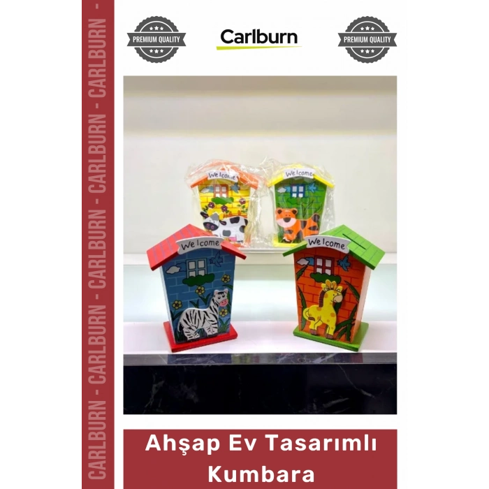 Hediyelik Eğitici Çocuk Odası Dekoratif Hayvan Figürlü Doğal Şık Kaliteli Ahşap Ev Tasarımlı Kumbara