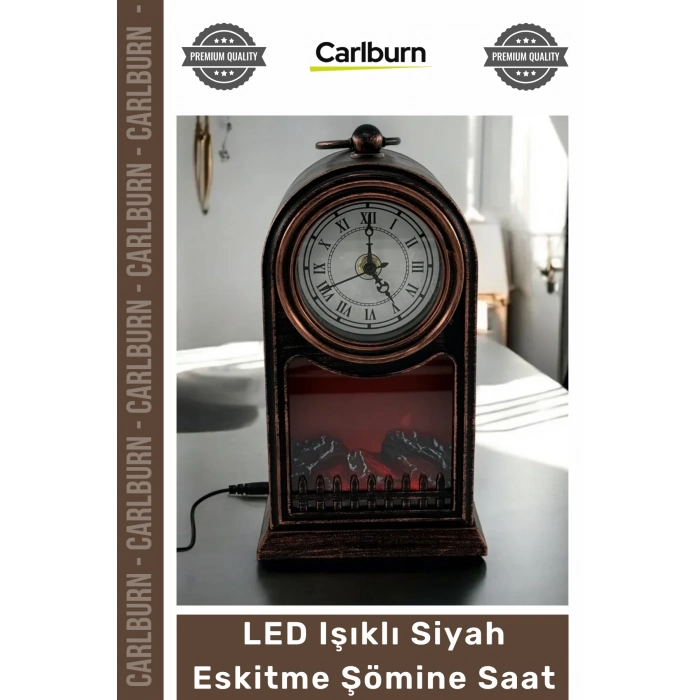 Özel Üretim Dekoratif Nostaljik Antika Masa Tasarım Pilli USB LED Işıklı Siyah Eskitme Şömine Saat