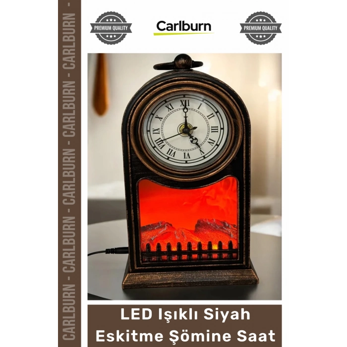 Özel Üretim Dekoratif Nostaljik Antika Masa Tasarım Pilli USB LED Işıklı Siyah Eskitme Şömine Saat