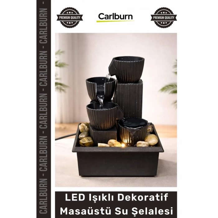 #Şelale Modern Siyah USB Bağlantılı Hediyelik Zen LED Işıklı 3 Katlı Masaüstü Dekoratif Su Şelalesi