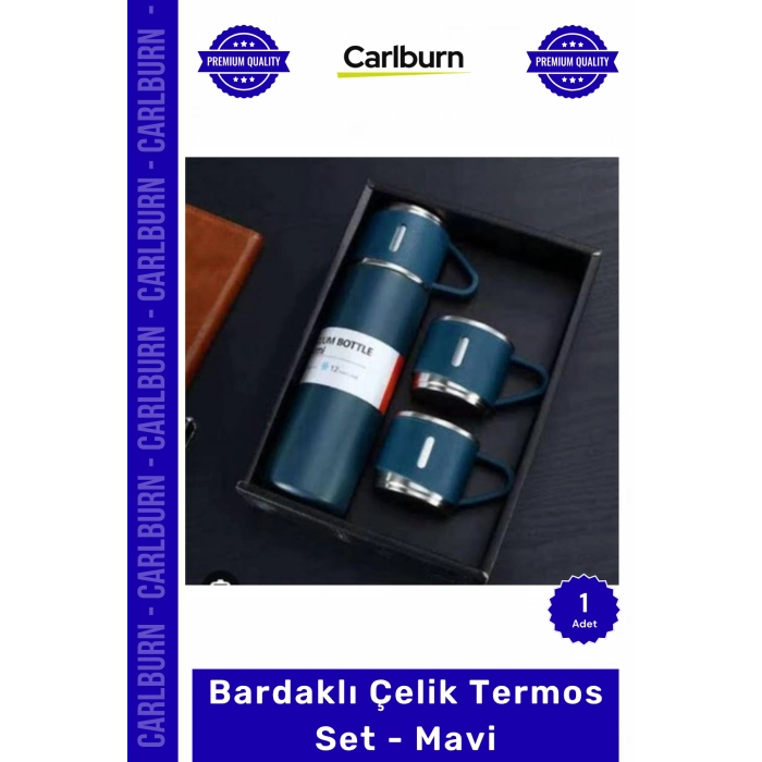 Özel Üretim Isı Yalıtımlı Paslanmaz Hediye Kutulu Vakumlu Sızdırmaz Bardaklı Çelik Termos Set Mavi