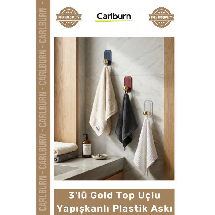 Özel Üretim Banyo Mutfak Delmeyen Şık Modern Kristal Mika 3lü Gold Top Uçlu Yapışkanlı Plastik Askı