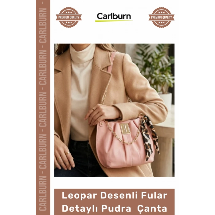 Özel Üretim Omuz Çantası Zincir Askılı Deri Leopar Desenli Fular Detaylı Pudra Pembesi Çanta