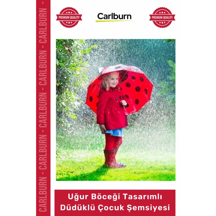 Özel Üretim 3D Kulaklı Kırmızı Siyah Benekli Güvenli Uğur Böceği Tasarımlı Düdüklü Çocuk Şemsiyesi