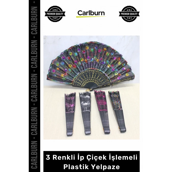 Özel Üretim Model 3 Renkli İp Çiçek İşlemeli Katlanabilir Taşınabilir Şık Dekoratif Plastik Yelpaze