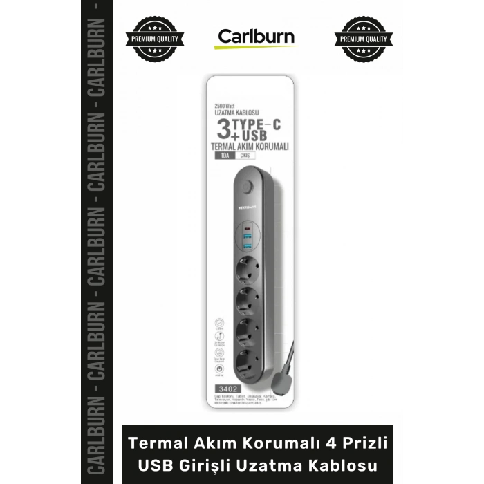 #Uzatma TypeC Şarjlı Dayanıklı 2500 Watt Termal Akım Korumalı 4 Prizli USB Girişli Uzatma Kablosu