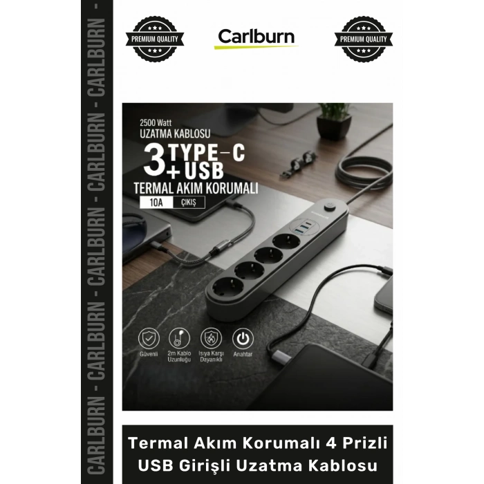 #Uzatma TypeC Şarjlı Dayanıklı 2500 Watt Termal Akım Korumalı 4 Prizli USB Girişli Uzatma Kablosu