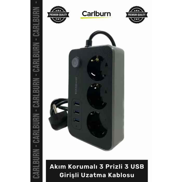 #Uzatma 2 Metre Yanmaz Gövde Çocuk Korumalı Akım Korumalı 3 Prizli 3 USB Girişli Uzatma Kablosu
