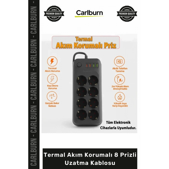 #Uzatma 4 USB Portlu IQ Akıllı Şarj Özellikli Bakır Grup Priz Termal Akım Korumalı 8 Prizli Uzatma