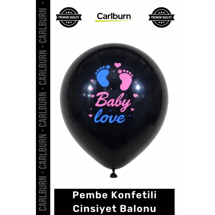 Özel Üretim Baby Love Baskılı Siyah Opak Latex Sürpriz Kız Bebek Pembe Konfetili Cinsiyet Balonu