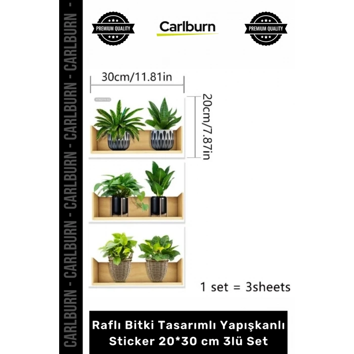 Özel Üretim Modern Şeffaf Lazer Kesim Şık Raflı Bitki Tasarımlı Yapışkanlı Sticker 20x30 cm 3lü Set