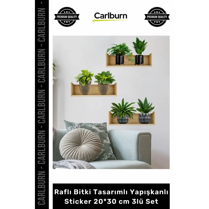 Özel Üretim Modern Şeffaf Lazer Kesim Şık Raflı Bitki Tasarımlı Yapışkanlı Sticker 20x30 cm 3lü Set