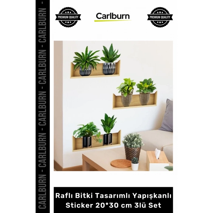 Özel Üretim Modern Şeffaf Lazer Kesim Şık Raflı Bitki Tasarımlı Yapışkanlı Sticker 20x30 cm 3lü Set