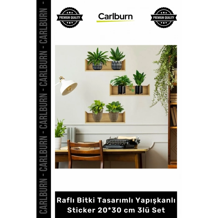 Özel Üretim Modern Şeffaf Lazer Kesim Şık Raflı Bitki Tasarımlı Yapışkanlı Sticker 20x30 cm 3lü Set