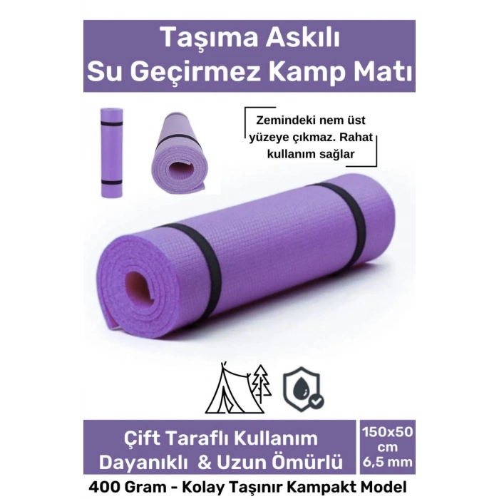 #KampMatı Taşıma Askılı Su Geçirmez Çift Taraflı Kaymaz Çadır Uyku 6.5mm Lila Kamp Yer Minderi