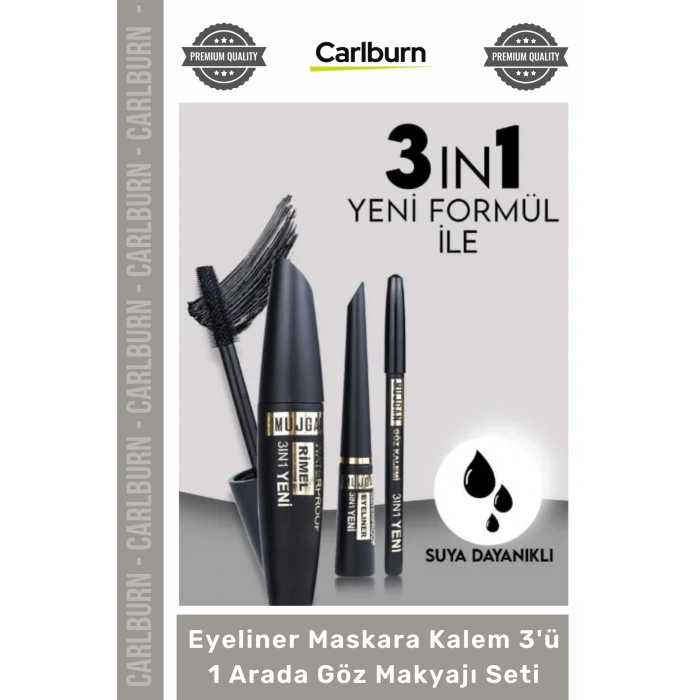#Kozmetik Siyah Suya Dayanıklı Dolgun Kalıcı Eyeliner Maskara Kalem 3ü 1 Arada Göz Makyajı Seti