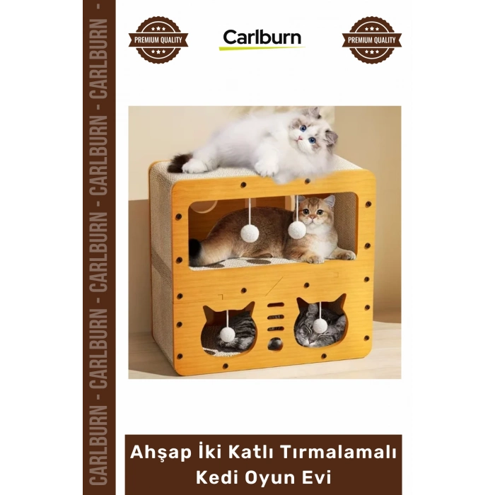 #KediEvi Dekoratif Modern Lüks Sağlam Kedi Yuvası Ahşap İ Katlı Tırmalamalı Kedi Oyun Evi