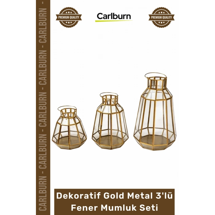 Özel Üretim Şık Estetik Geometrik Lüks Modern Salon Antre Dekoratif Gold Metal 3lü Fener Mumluk Set